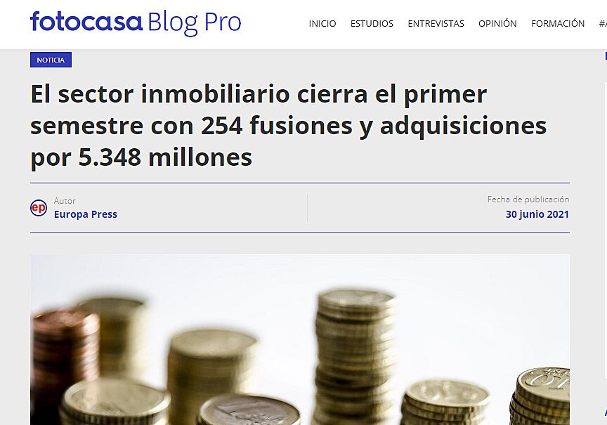 El sector inmobiliario cierra el primer semestre con 254 fusiones y adquisiciones por 5.348 millones